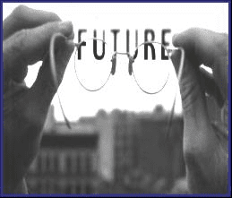 A person holding glasses with the word future written on them.